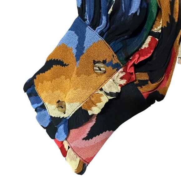 Farm Rio Chevron Forest Black Blouse Size Small Boho Festival Floral Statement - Picture 7 of 12